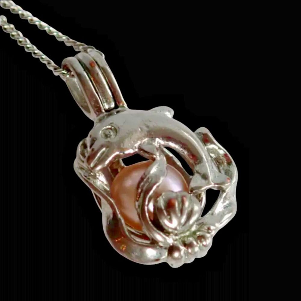 Silver Tone Dolphin on Caged Pink Pearl Pendant Chain Necklace